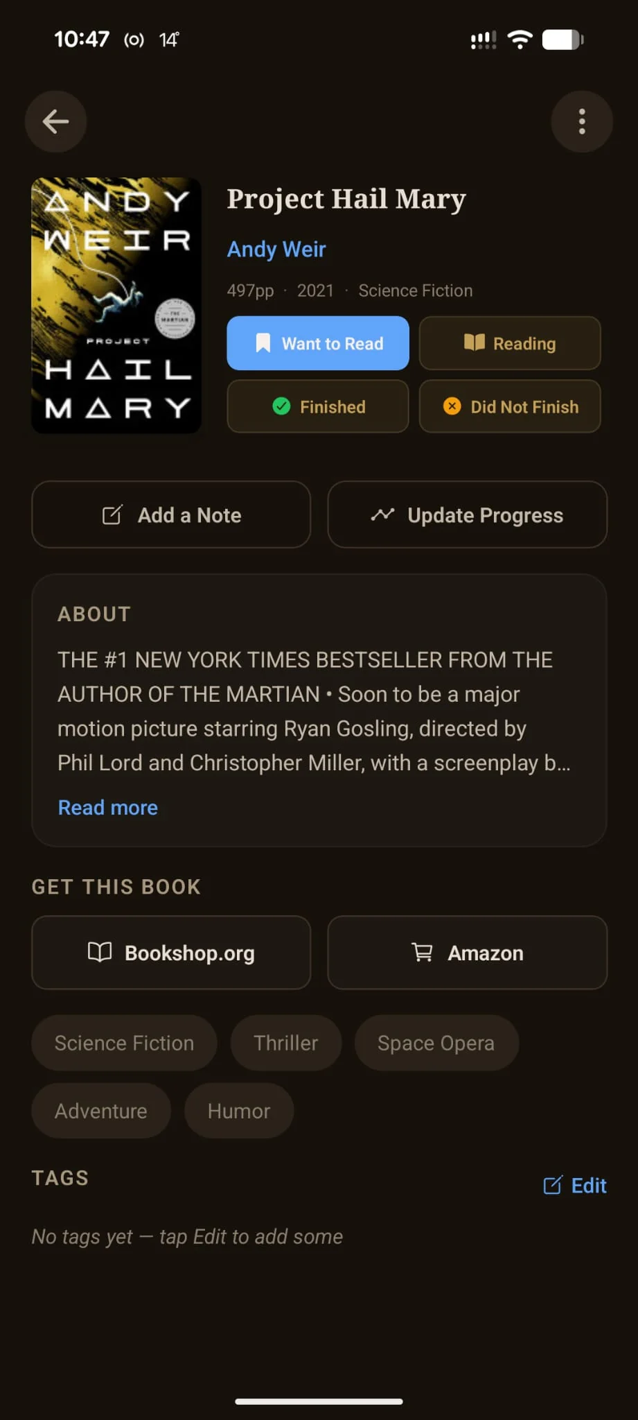 Shellf book detail page for Project Hail Mary by Andy Weir, showing the GET THIS BOOK section with side-by-side Bookshop.org and Amazon buttons of equal visual weight.