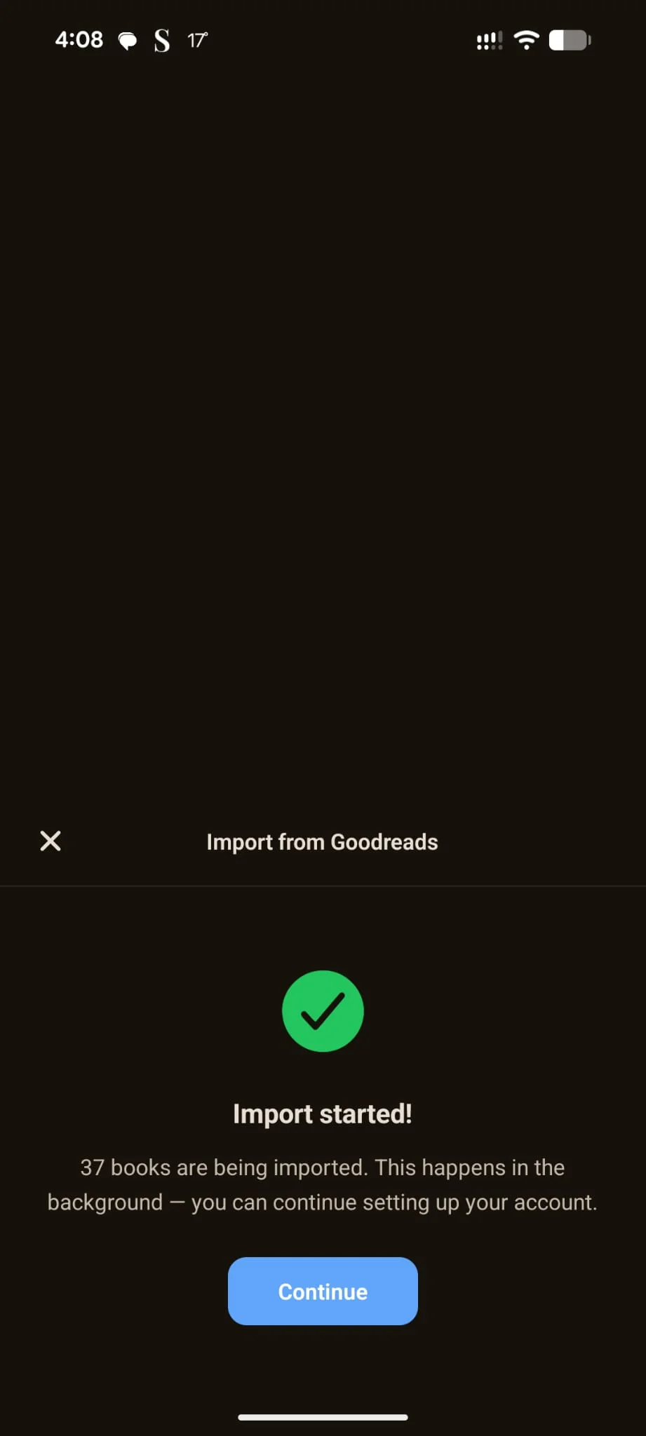 Shellf confirmation screen showing 37 books being imported in the background, with a Continue button