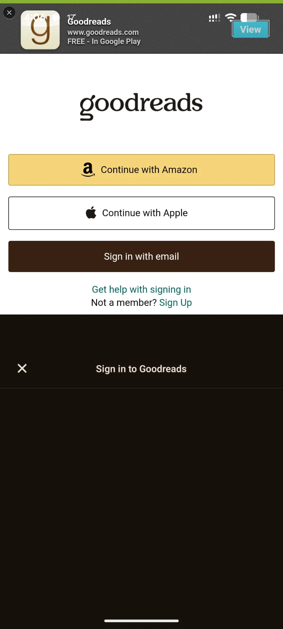 Goodreads sign-in form rendered inside Shellf's sandboxed WebView, with Continue with Amazon, Continue with Apple, and Sign in with email options