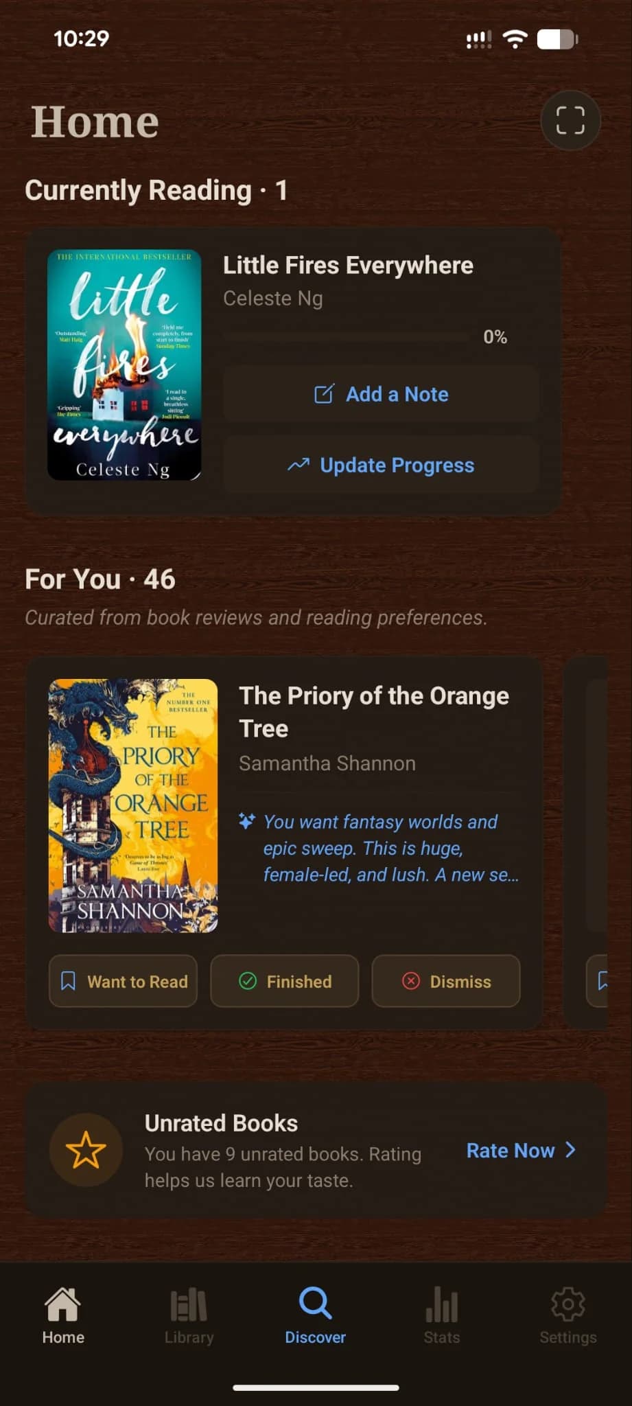 Shellf home screen showing the For You recommendation feed with a recommended book — The Priory of the Orange Tree by Samantha Shannon — and a short AI-written reason explaining why it might land based on the reader's taste